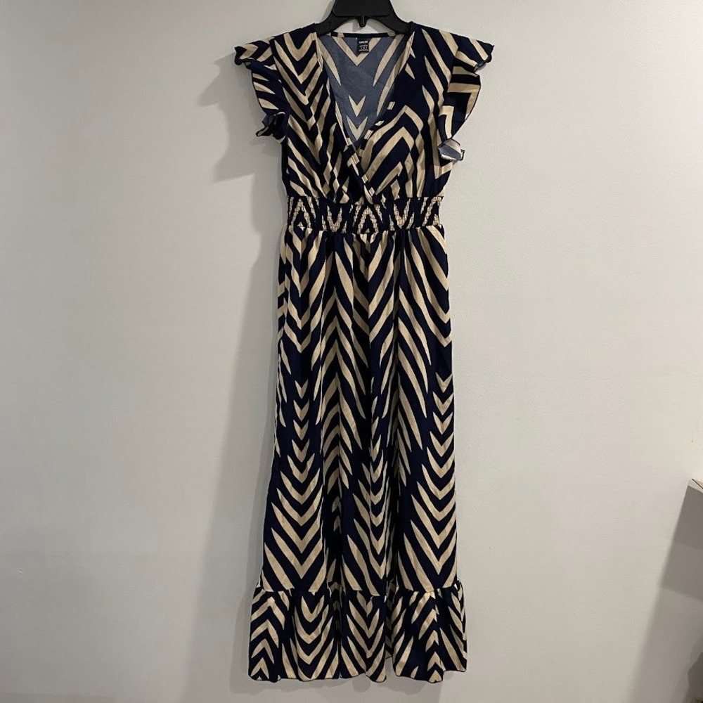 SHEIN Navy Beige Chevron Print Maxi Dress Flutter Sleeve Smocked Waist S 36